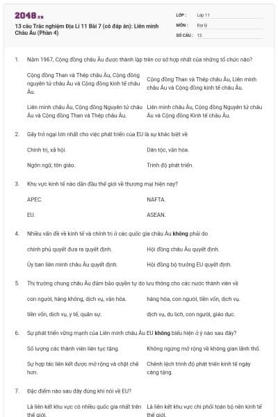 13 câu Trắc nghiệm Địa Lí 11 Bài 7 (có đáp án): Liên minh Châu Âu (Phần 4)
