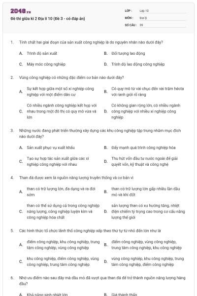 Đề thi giữa kì 2 Địa lí 10 (Đề 3 - có đáp án)