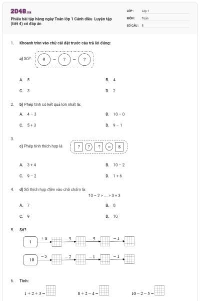 Phiếu bài tập hàng ngày Toán lớp 1 Cánh diều  Luyện tập (tiết 4) có đáp án