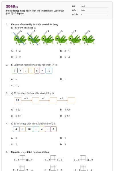 Phiếu bài tập hàng ngày Toán lớp 1 Cánh diều  Luyện tập (tiết 5) có đáp án