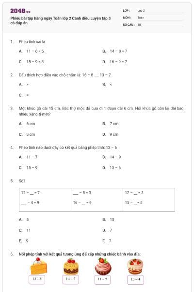 Phiếu bài tập hàng ngày Toán lớp 2 Cánh diều Luyện tập 3 có đáp án