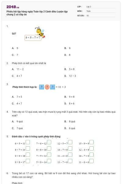 Phiếu bài tập hàng ngày Toán lớp 2 Cánh diều Luyện tập chung 2 có đáp án