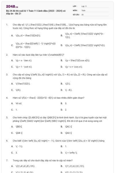 Bộ 24 đề thi cuối kì 1 Toán 11 Cánh diều (2023 - 2024) có đáp án - Đề 21