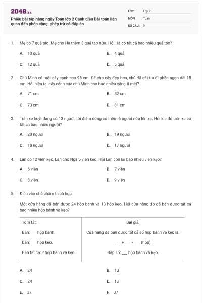 Phiếu bài tập hàng ngày Toán lớp 2 Cánh diều Bài toán liên quan đến phép cộng, phép trừ có đáp án