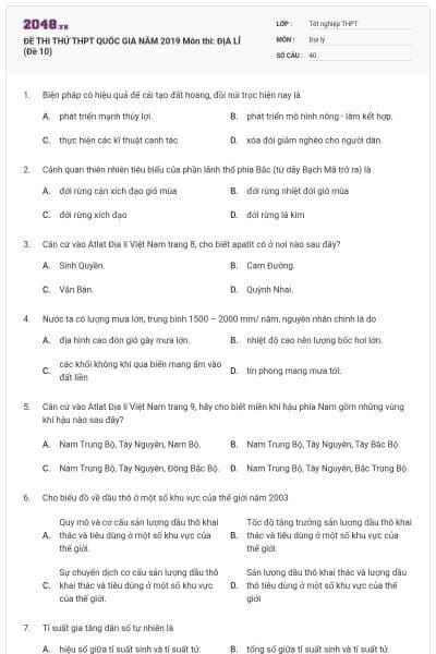 ĐỀ THI THỬ THPT QUỐC GIA NĂM 2019 Môn thi: ĐỊA LÍ (Đề 10)