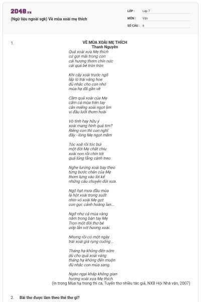 (Ngữ liệu ngoài sgk) Về mùa xoài mẹ thích