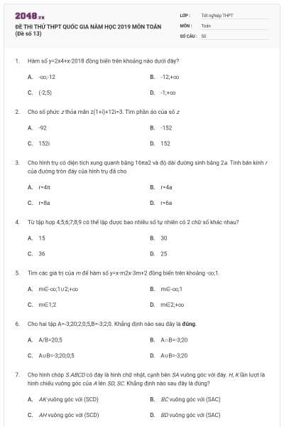 ĐỀ THI THỬ THPT QUỐC GIA NĂM HỌC 2019 MÔN TOÁN (Đề số 13)