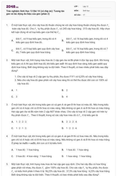 Trắc nghiệm Sinh Học 12 Bài 10 (có đáp án): Tương tác gen và tác động đa hiệu của gen (phần 2)