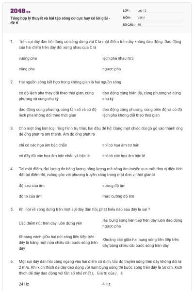 Tổng hợp lý thuyết và bài tập sóng cơ cực hay có lời giải - đề 6