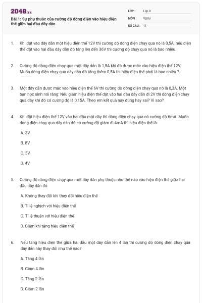 Bài 1: Sự phụ thuộc của cường độ dòng điện vào hiệu điện thế giữa hai đầu dây dẫn