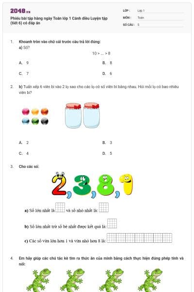 Phiếu bài tập hàng ngày Toán lớp 1 Cánh diều Luyện tập (tiết 6) có đáp án