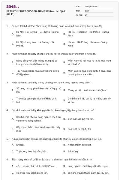 ĐỀ THI THỬ THPT QUỐC GIA NĂM 2019 Môn thi: ĐỊA LÍ (Đề 11)