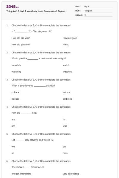 Tiếng Anh 8 Unit 1 Vocabulary and Grammar có đáp án