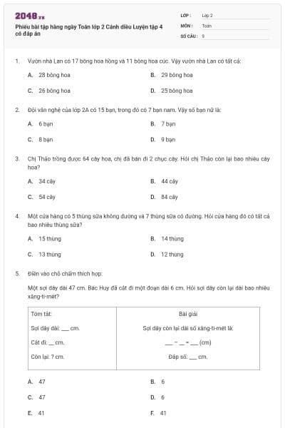 Phiếu bài tập hàng ngày Toán lớp 2 Cánh diều Luyện tập 4 có đáp án