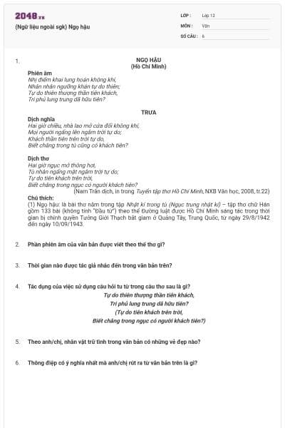 (Ngữ liệu ngoài sgk) Ngọ hậu