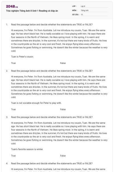 Trắc nghiệm Tiếng Anh 8 Unit 1 Reading có đáp án