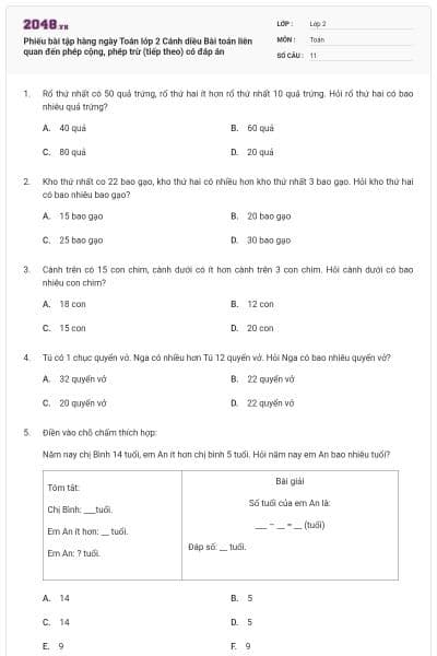 Phiếu bài tập hàng ngày Toán lớp 2 Cánh diều Bài toán liên quan đến phép cộng, phép trừ (tiếp theo) có đáp án