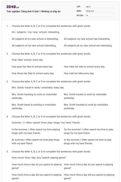 Trắc nghiệm Tiếng Anh 8 Unit 1 Writing có đáp án