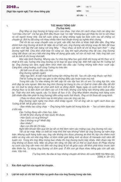 (Ngữ liệu ngoài sgk) Tức nhau tiếng gáy