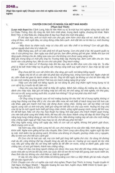 (Ngữ liệu ngoài sgk) Chuyện con chó có nghĩa của một nhà nghèo