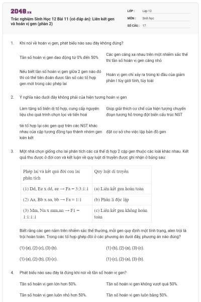 Trắc nghiệm Sinh Học 12 Bài 11 (có đáp án): Liên kết gen và hoán vị gen (phần 2)