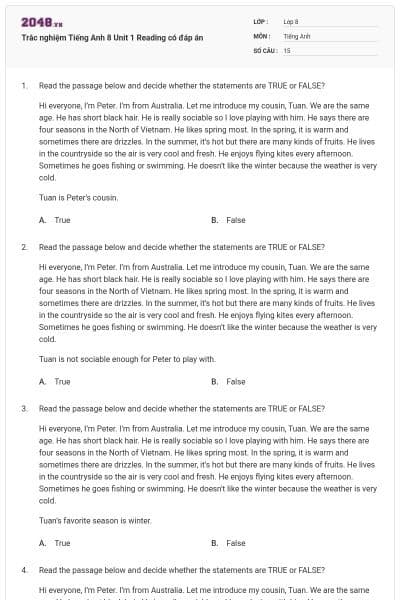 Trắc nghiệm Tiếng Anh 8 Unit 1 Reading có đáp án