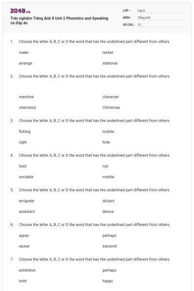 Trắc nghiệm Tiếng Anh 8 Unit 2 Phonetics and Speaking có đáp án