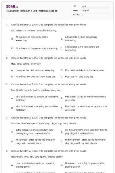 Trắc nghiệm Tiếng Anh 8 Unit 1 Writing có đáp án