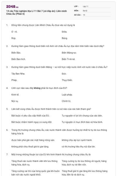 14 câu Trắc nghiệm Địa Lí 11 Bài 7 (có đáp án): Liên minh Châu Âu (Phần 6)