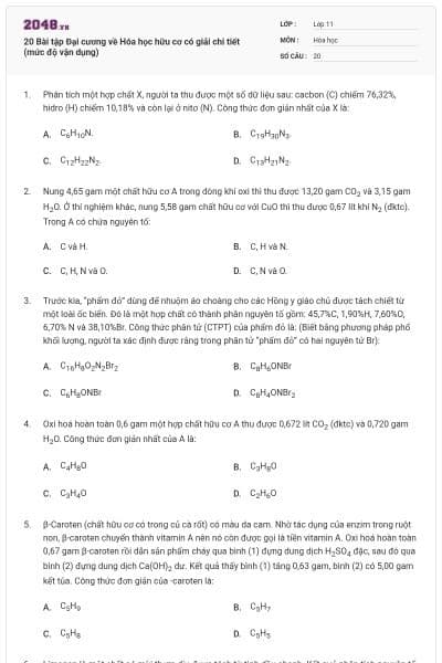 20  Bài tập Đại cương về Hóa học hữu cơ có giải chi tiết (mức độ vận dụng)