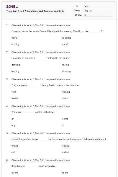 Tiếng Anh 8 Unit 2 Vocabulary and Grammar có đáp án