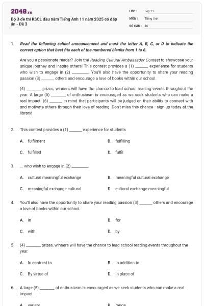Bộ 3 đề thi KSCL đầu năm Tiếng Anh 11 năm 2025 có đáp án - Đề 3