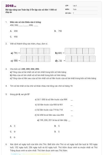 Bài tập nâng cao Toán lớp 3 Ôn tập các số đến 1 000 có đáp án