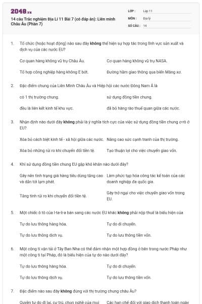 14 câu Trắc nghiệm Địa Lí 11 Bài 7 (có đáp án): Liên minh Châu Âu (Phần 7)