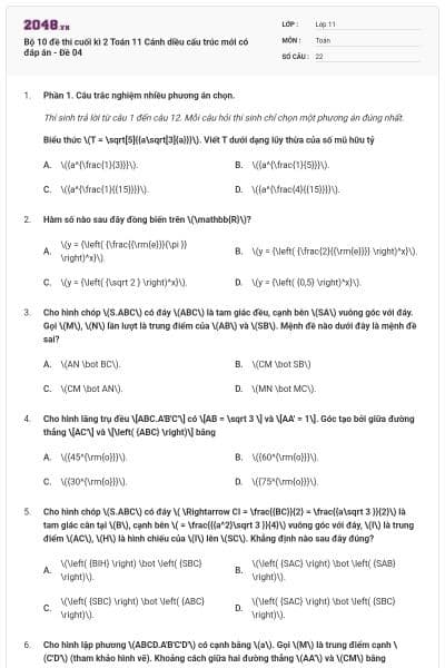 Bộ 10 đề thi cuối kì 2 Toán 11 Cánh diều cấu trúc mới có đáp án - Đề 04