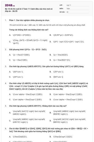 Bộ 10 đề thi cuối kì 2 Toán 11 Cánh diều cấu trúc mới có đáp án - Đề 05