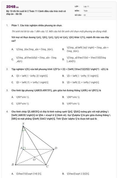 Bộ 10 đề thi cuối kì 2 Toán 11 Cánh diều cấu trúc mới có đáp án - Đề 06