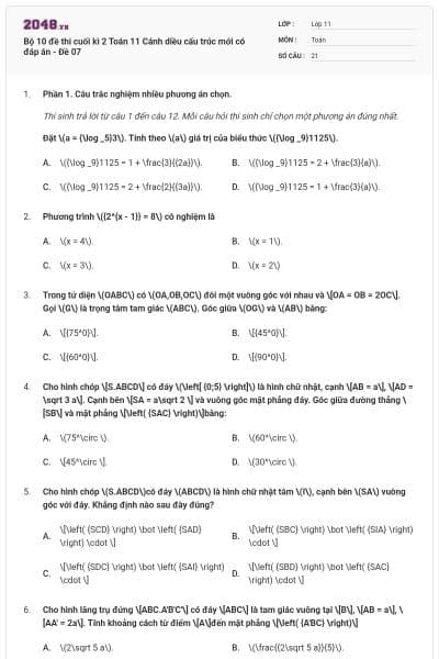 Bộ 10 đề thi cuối kì 2 Toán 11 Cánh diều cấu trúc mới có đáp án - Đề 07