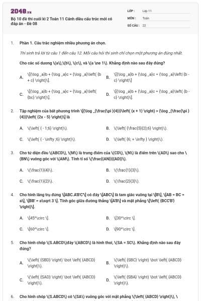 Bộ 10 đề thi cuối kì 2 Toán 11 Cánh diều cấu trúc mới có đáp án - Đề 08