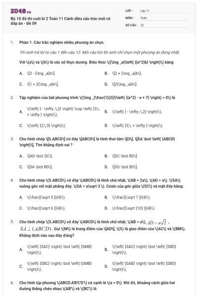 Bộ 10 đề thi cuối kì 2 Toán 11 Cánh diều cấu trúc mới có đáp án - Đề 09