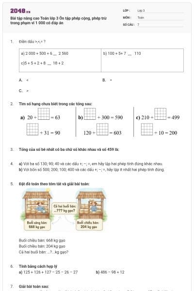 Bài tập nâng cao Toán lớp 3 Ôn tập phép cộng, phép trừ trong phạm vi 1 000 có đáp án
