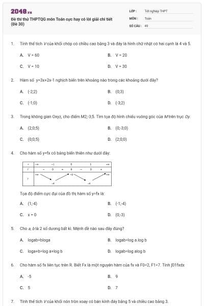 Đề thi thử THPTQG môn Toán cực hay có lời giải chi tiết (Đề 30)