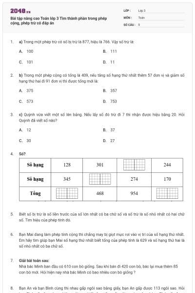 Bài tập nâng cao Toán lớp 3 Tìm thành phần trong phép cộng, phép trừ có đáp án