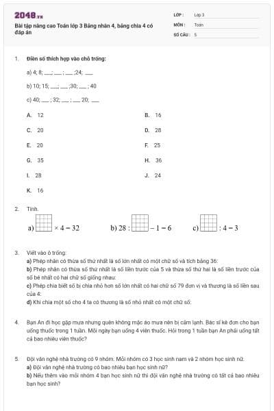 Bài tập nâng cao Toán lớp 3 Bảng nhân 4, bảng chia 4 có đáp án
