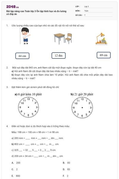 Bài tập nâng cao Toán lớp 3 Ôn tập hình học và đo lường có đáp án
