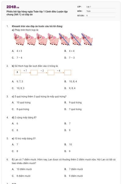 Phiếu bài tập hàng ngày Toán lớp 1 Cánh diều Luyện tập chung (tiết 1) có đáp án