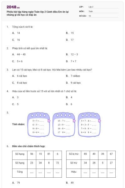 Phiếu bài tập hàng ngày Toán lớp 2 Cánh diều Em ôn lại những gì đã học có đáp án