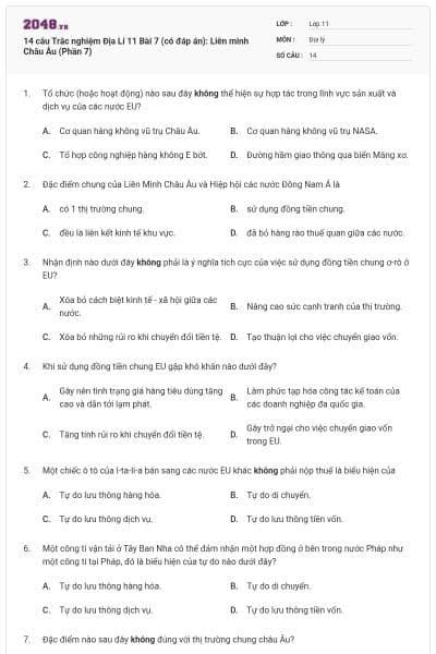 14 câu  Trắc nghiệm Địa Lí 11 Bài 7 (có đáp án): Liên minh Châu Âu (Phần 7)