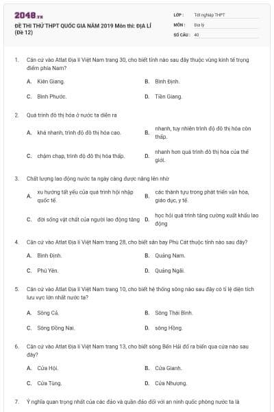 ĐỀ THI THỬ THPT QUỐC GIA NĂM 2019 Môn thi: ĐỊA LÍ (Đề 12)