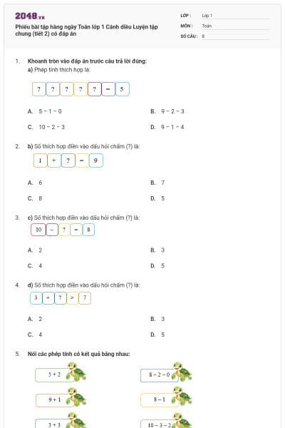 Phiếu bài tập hàng ngày Toán lớp 1 Cánh diều Luyện tập chung (tiết 2) có đáp án